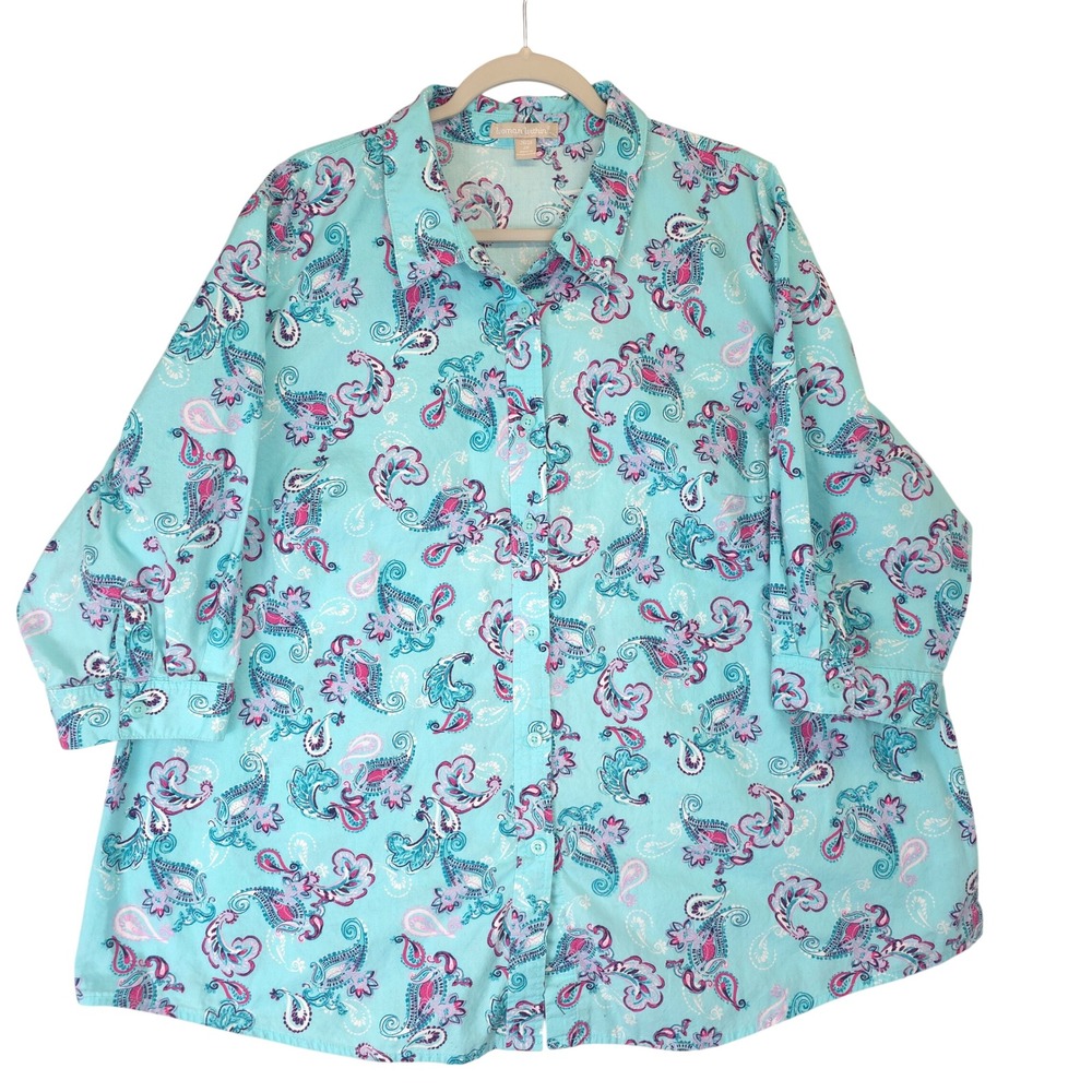 Woman Within Paisley Button Front Tunic Blouse‎ Women Plus 2X Aqua Pink Coastal